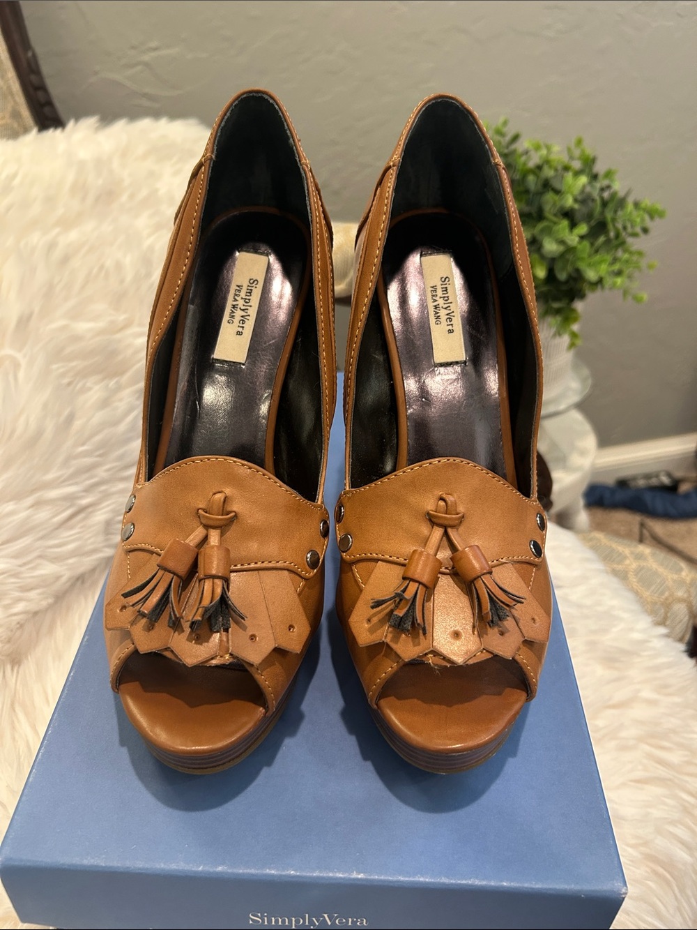 Simply Vera Vera Wang Tan Tassel Peep-Toe Platform Heels